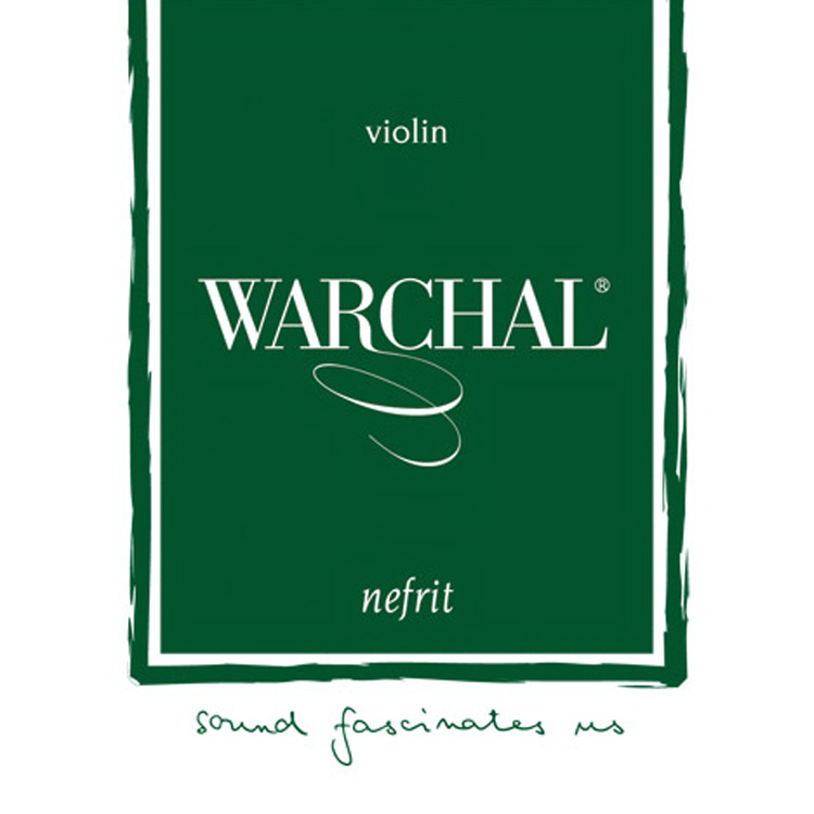 The packaging is green with a white border and includes the text "violin" at the top. In the center, "Warchal" is prominently displayed in large letters alongside a stylized string graphic, followed by "nefrir." At the bottom, it reads, "sound fascinates us.