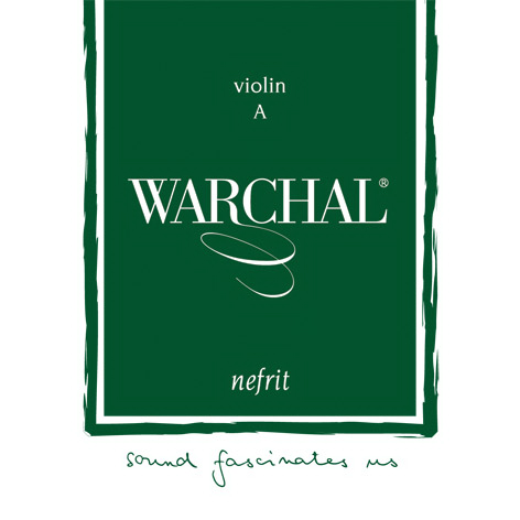 Green and white packaging for a Warchal Nefrit violin A string. The text reads "violin A WARCHAL nefrit" with a tagline "sound fascinates us" at the bottom. The design includes a stylized swirl under the brand name.