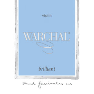 A product label with a light blue background features the text "Warchal" in large letters. The word "violin" appears above, and "brilliant" is below. The phrase "sound fascinates us" is written at the bottom. A swirling graphic is present near the center.