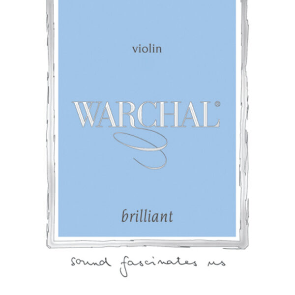 A product label with a light blue background features the text "Warchal" in large letters. The word "violin" appears above, and "brilliant" is below. The phrase "sound fascinates us" is written at the bottom. A swirling graphic is present near the center.