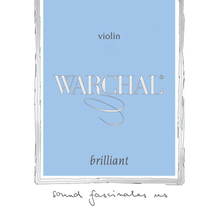 A product label with a light blue background features the text "Warchal" in large letters. The word "violin" appears above, and "brilliant" is below. The phrase "sound fascinates us" is written at the bottom. A swirling graphic is present near the center.