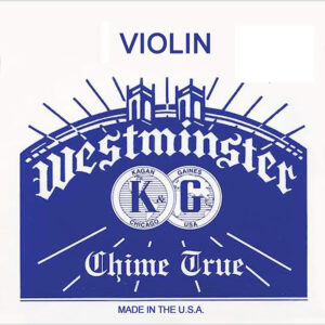 The image shows a logo with the text "Westminster KG Kagan Gaines Chicago USA Chime True" in blue on a white background. The word "VIOLIN" is displayed at the top, and "MADE IN THE U.S.A." is written at the bottom.