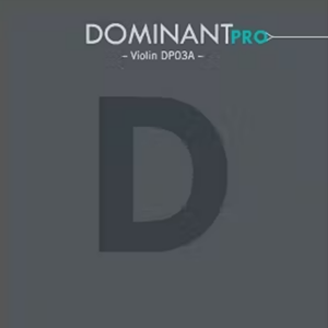 The image shows a product packaging design for Dominant Pro Violin DP03A strings. The background is dark gray with a large, semi-transparent letter "D" in the center. The text "DOMINANT PRO" is at the top, with "Violin DP03A" beneath it.