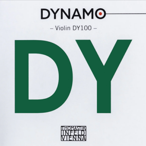 Image of a product package for "DYNAMO Violin DY100" strings. The letters "DY" are prominently displayed in large green font. The brand name "THOMASTIK INFELD VIENNA" is printed at the bottom.