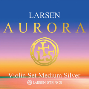 Product packaging for Larsen Aurora Violin Set Medium Silver. The background features a gradient sunset with blue, orange, and pink hues. The text includes "LARSEN AURORA" at the top and "Violin Set Medium Silver" at the bottom. A circular logo is centered.