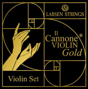 Black and gold packaging for Larsen Strings’ Il Cannone Violin Gold set. Includes stylized images of hands and geometric shapes. Text reads: "Il Cannone VIOLIN Gold," "Violin Set," and the Larsen Strings logo is displayed.