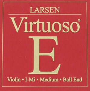 Gold text on a red package reads "Virtuoso G String." Descriptions include "Violin," "I-Mi," "Medium," and "Ball End.