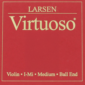 Red packaging for Virtuoso G String violin strings. Text reads "Larsen Virtuoso Violin • I-Mi • Medium • Ball End" in gold letters.