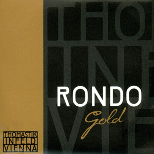 The image displays the packaging of "Rondo Gold" by Thomastik Infeld Vienna. The design features a gold and black color scheme with stylized text and logos.