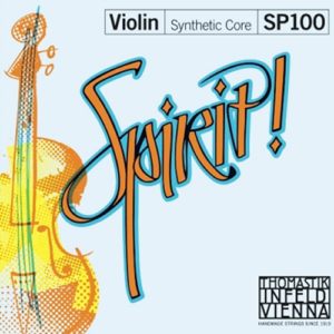 Packaging for Thomastik-Infeld Vienna's "Spirit!" violin strings, model SP100. The background features an artistic depiction of a violin. Text includes "Violin," "Synthetic Core," and "Handmade Strings Since 1919.